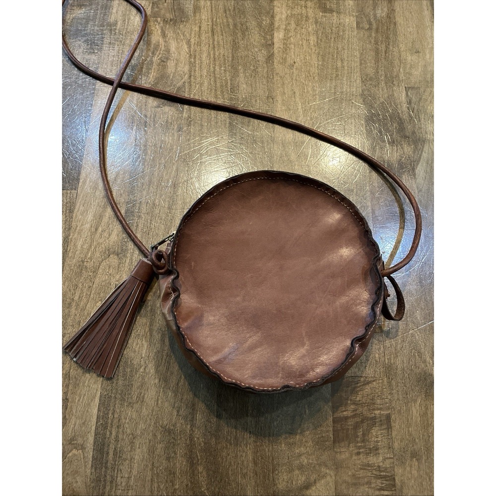 Round Leather Handbag Crossbody Brown boho festival ren indie